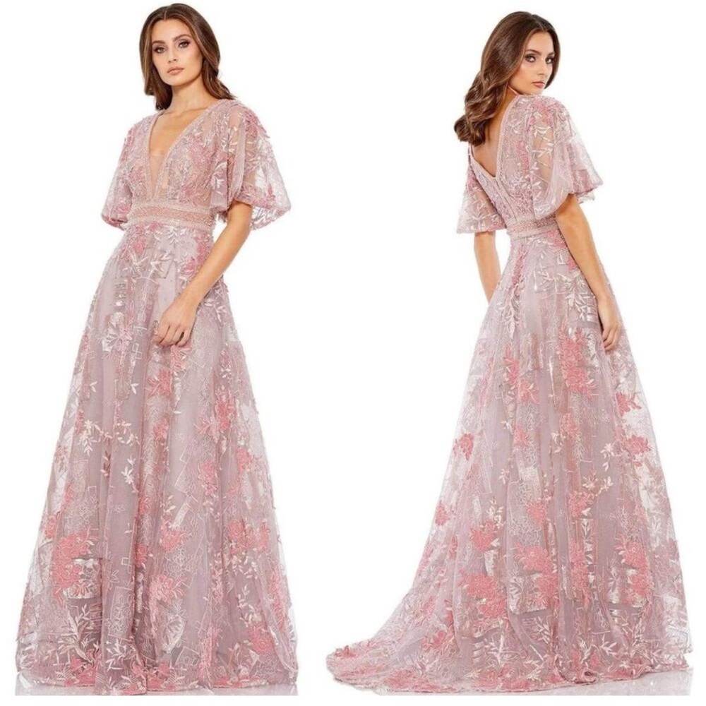 #6 MAC DUGGAL EMBROIDERED FLOUNCE SLEEVE A LINE GOWN SIZE 12 (Style #20262)